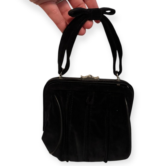 NICOLE FARHI Vintage Black Silk Velvet Evening Purse with Leather Piping - Picture 1 of 9